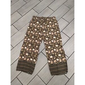 Love Wish Women 1X Floral Wide Leg Pants Black Green Boho Drawstring Rayon 1X